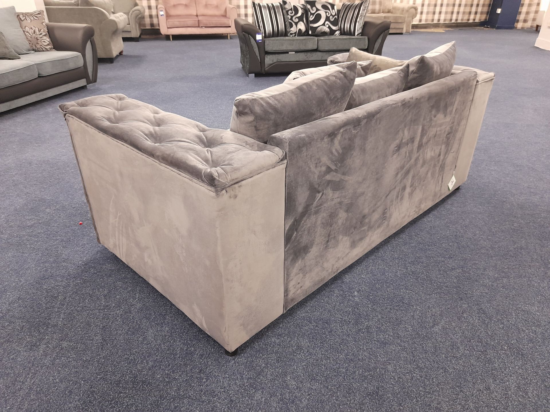 Grey fabric upholstered, 3 seater, scatter cushioned back sofa (Ex-Display) - Image 3 of 6