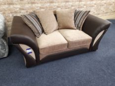 Brown Leather/light brown fabric upholstered, 2 seater, scatter cushioned back sofa (Ex-Display)