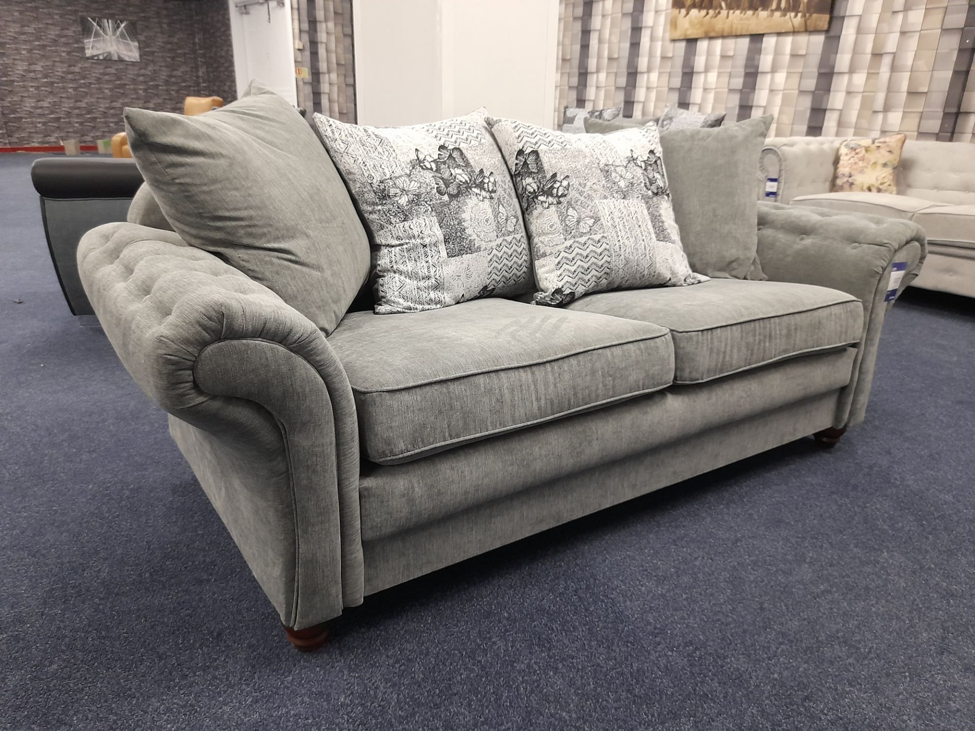 Grey fabric upholstered, 3 seater, scatter cushioned back sofa (Unused) - Image 2 of 5