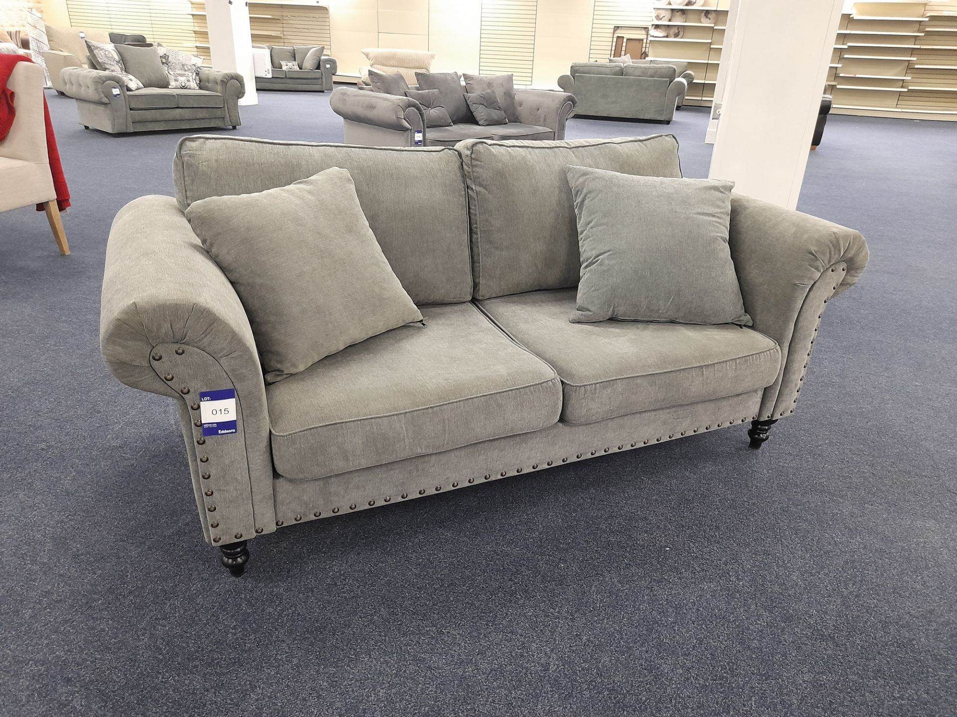 Grey fabric upholstered, 3 seater, standard cushioned back sofa (Ex-Display)