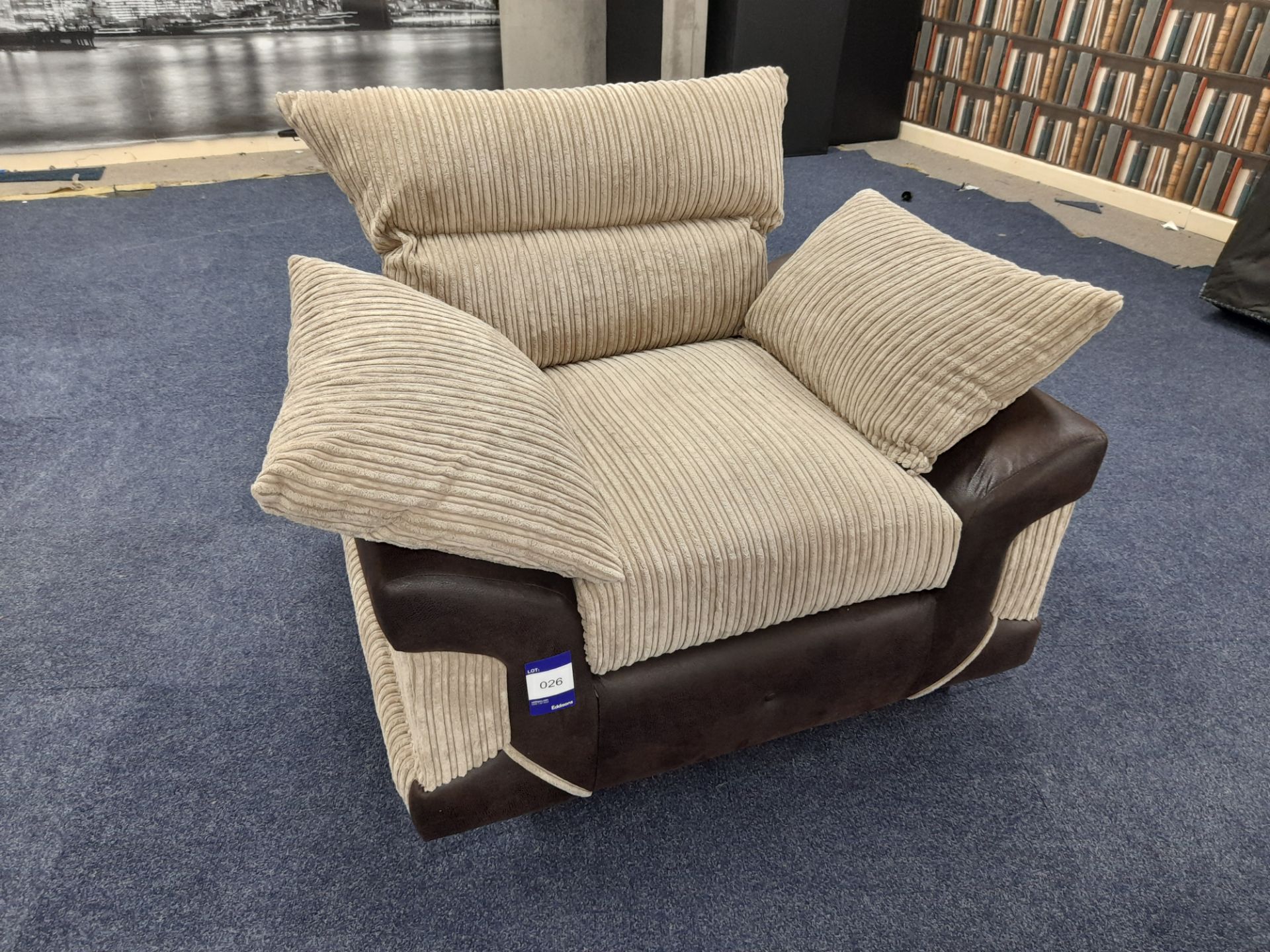 Brown Leather/light brown cord fabric upholstered, standard cushioned back armchair/cuddle chair ( - Image 2 of 5