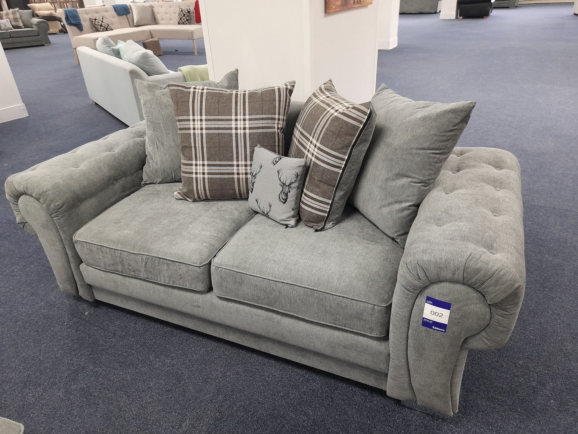 Grey fabric upholstered, 2 seater, scatter cushioned back sofa (Ex-Display)