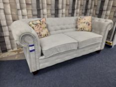 Light Grey fabric upholstered, 3 seater, chesterfield type sofa (Return – Stitching repair mark)