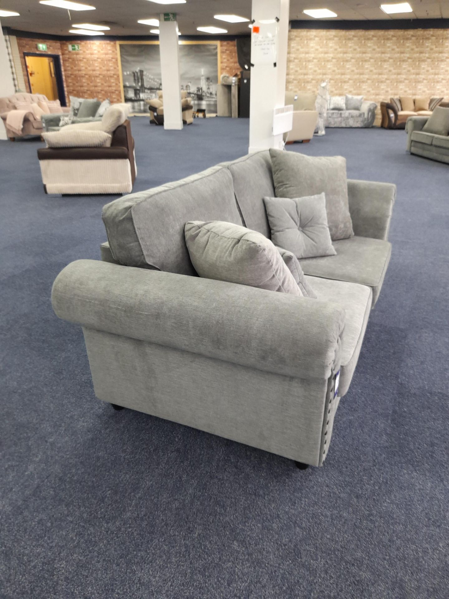 Grey fabric upholstered, 3 seater, standard cushioned back sofa (Ex-Display) - Image 3 of 5