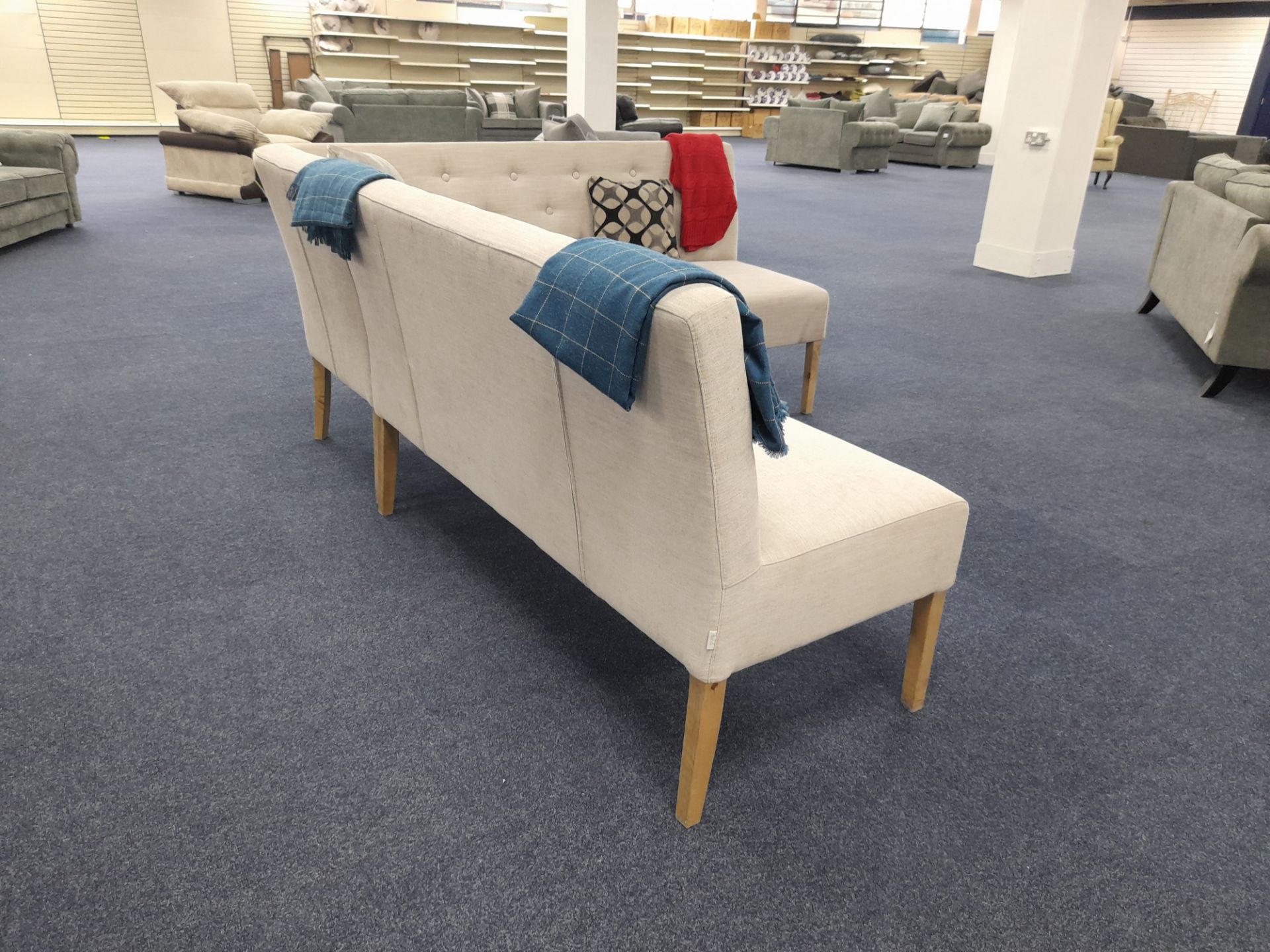 Two section/5 seat cream fabric upholstered bench type corner seating unit (Ex Display) - Image 5 of 6