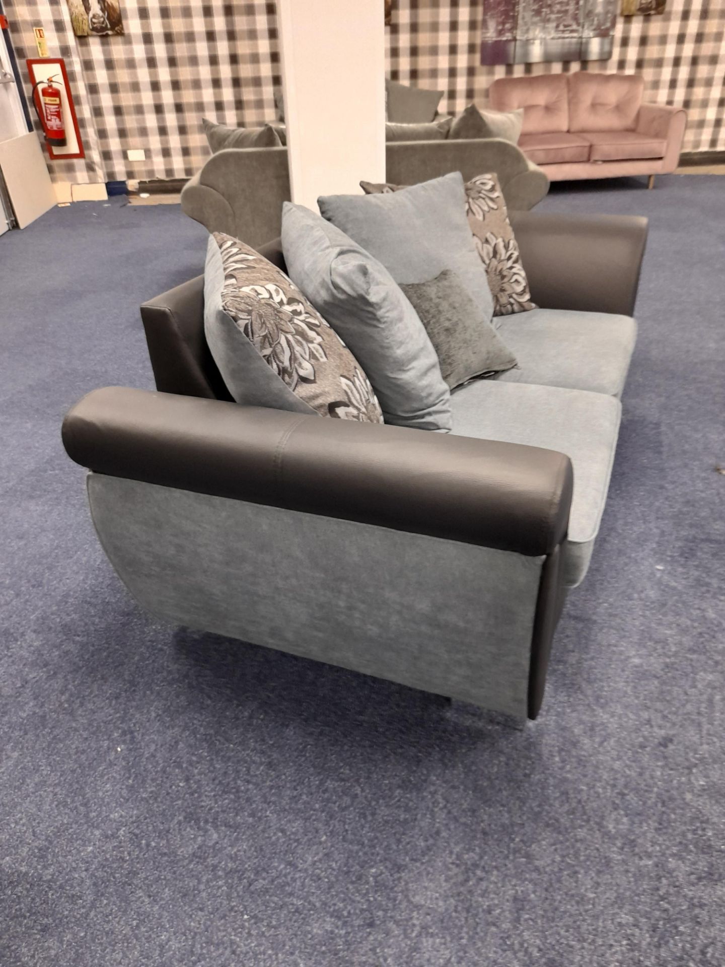 Black Leather/ blue-grey fabric upholstered, 3 seater, scatter cushioned back sofa (Ex-Display) - Image 7 of 7