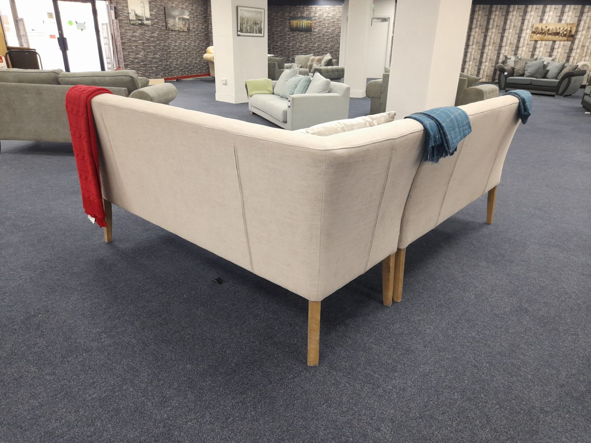 Two section/5 seat cream fabric upholstered bench type corner seating unit (Ex Display) - Image 4 of 6