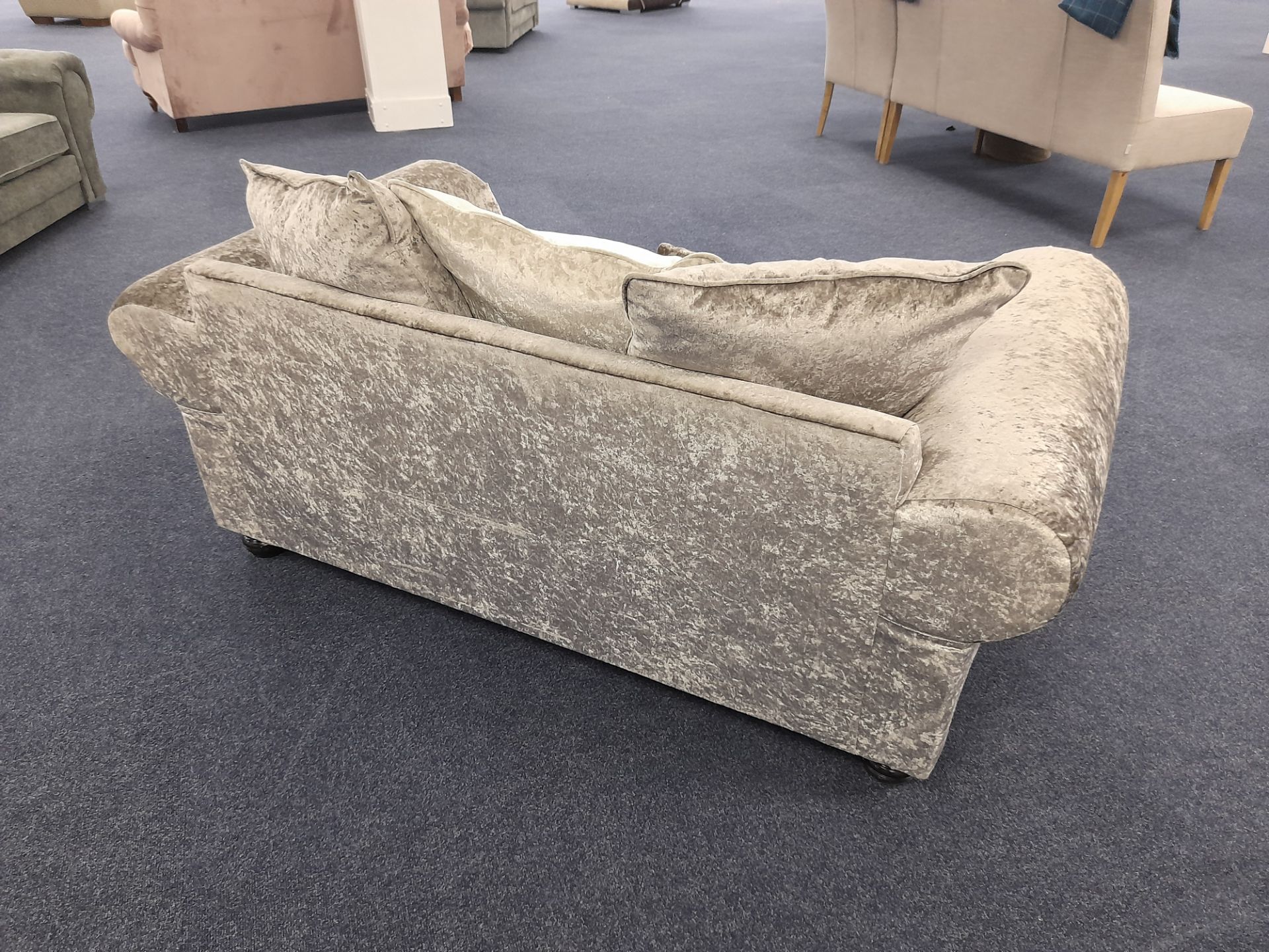 Silver/Grey fabric upholstered, 2 seater, scatter cushioned back sofa (Ex-Display) - Image 5 of 6