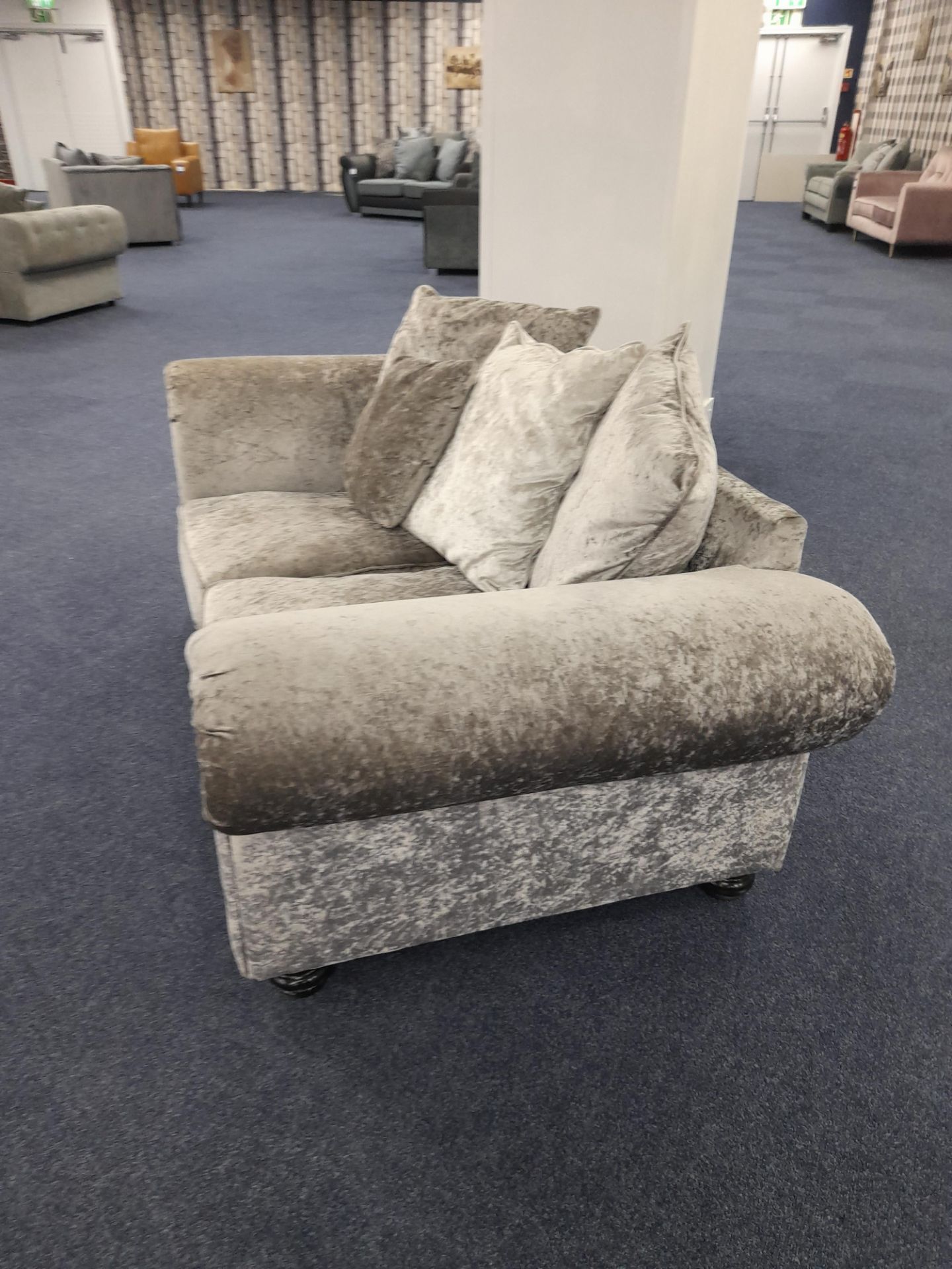 Silver/Grey fabric upholstered, 2 seater, scatter cushioned back sofa (Ex-Display) - Image 3 of 6