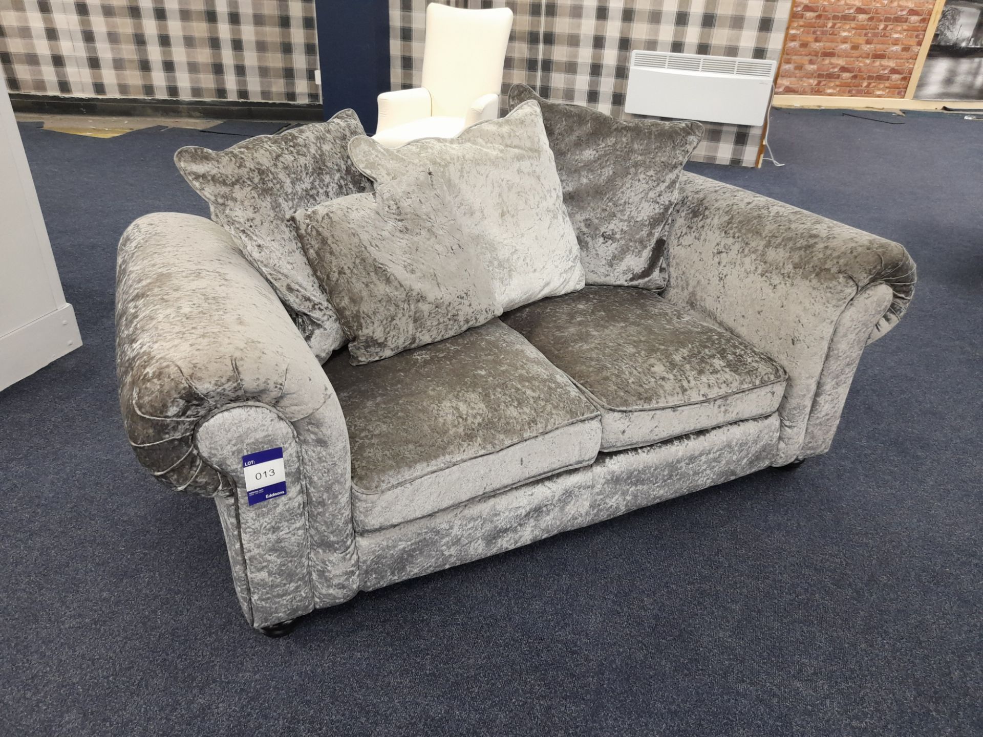 Silver/Grey fabric upholstered, 2 seater, scatter cushioned back sofa (Ex-Display)