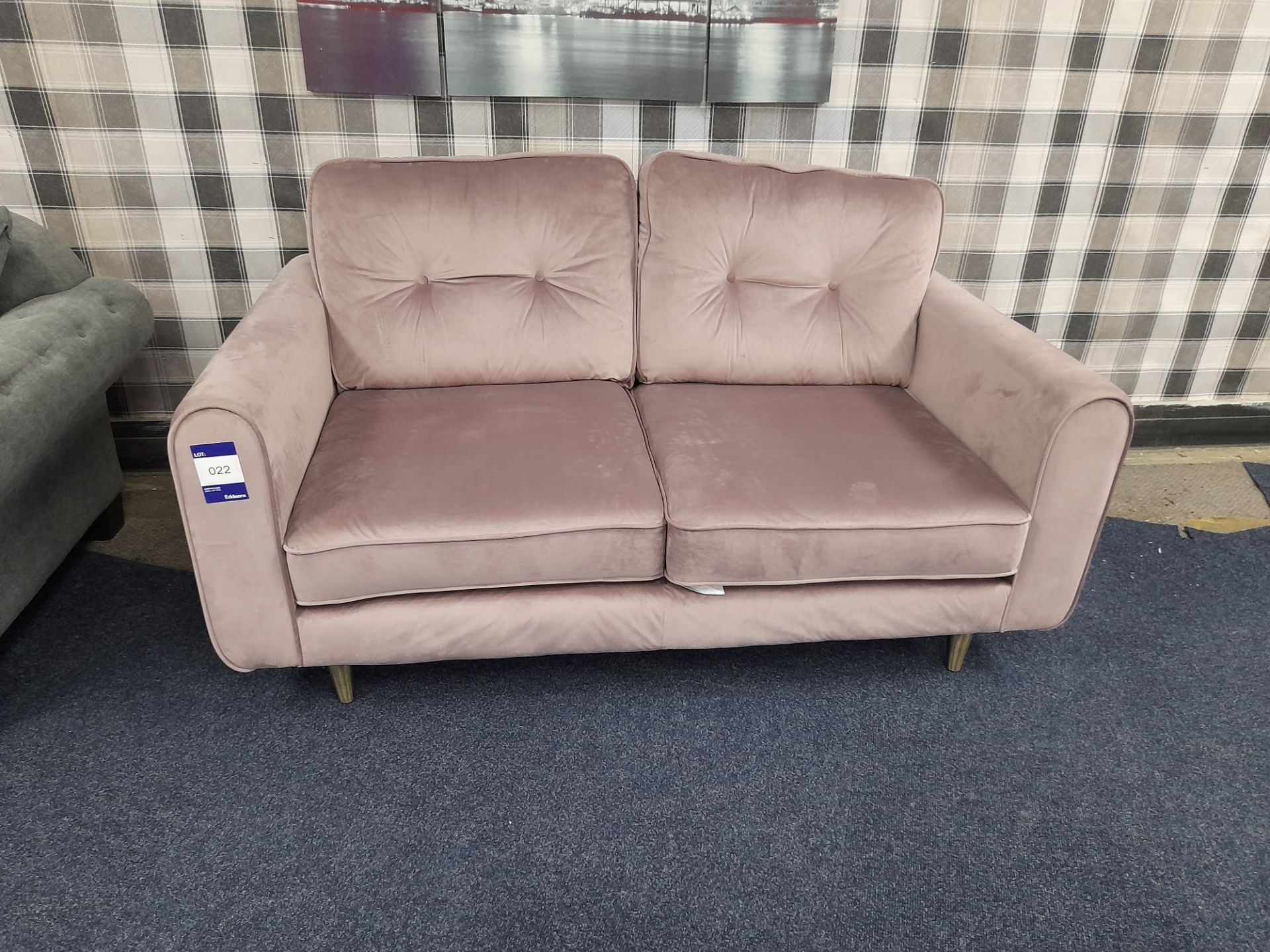 Pink fabric upholstered, 2 seater, standard cushioned back sofa (Return – delivery damage)