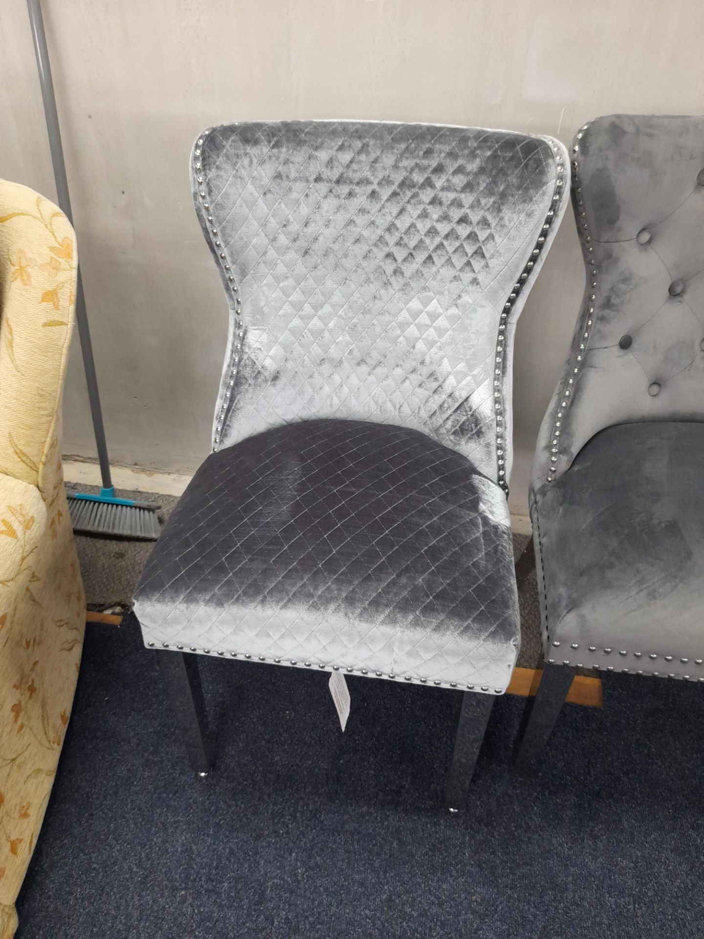 3 – Assorted grey fabric upholstered occasional chairs, with mirrored legs (Sample Stock – Unused) - Image 5 of 5