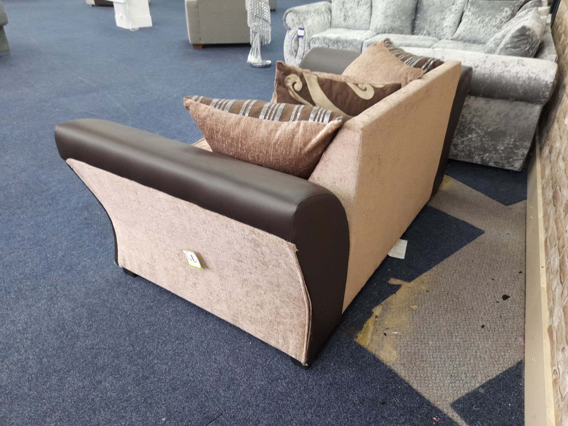 Brown Leather/light brown fabric upholstered, 2 seater, scatter cushioned back sofa (Ex-Display) - Image 3 of 5