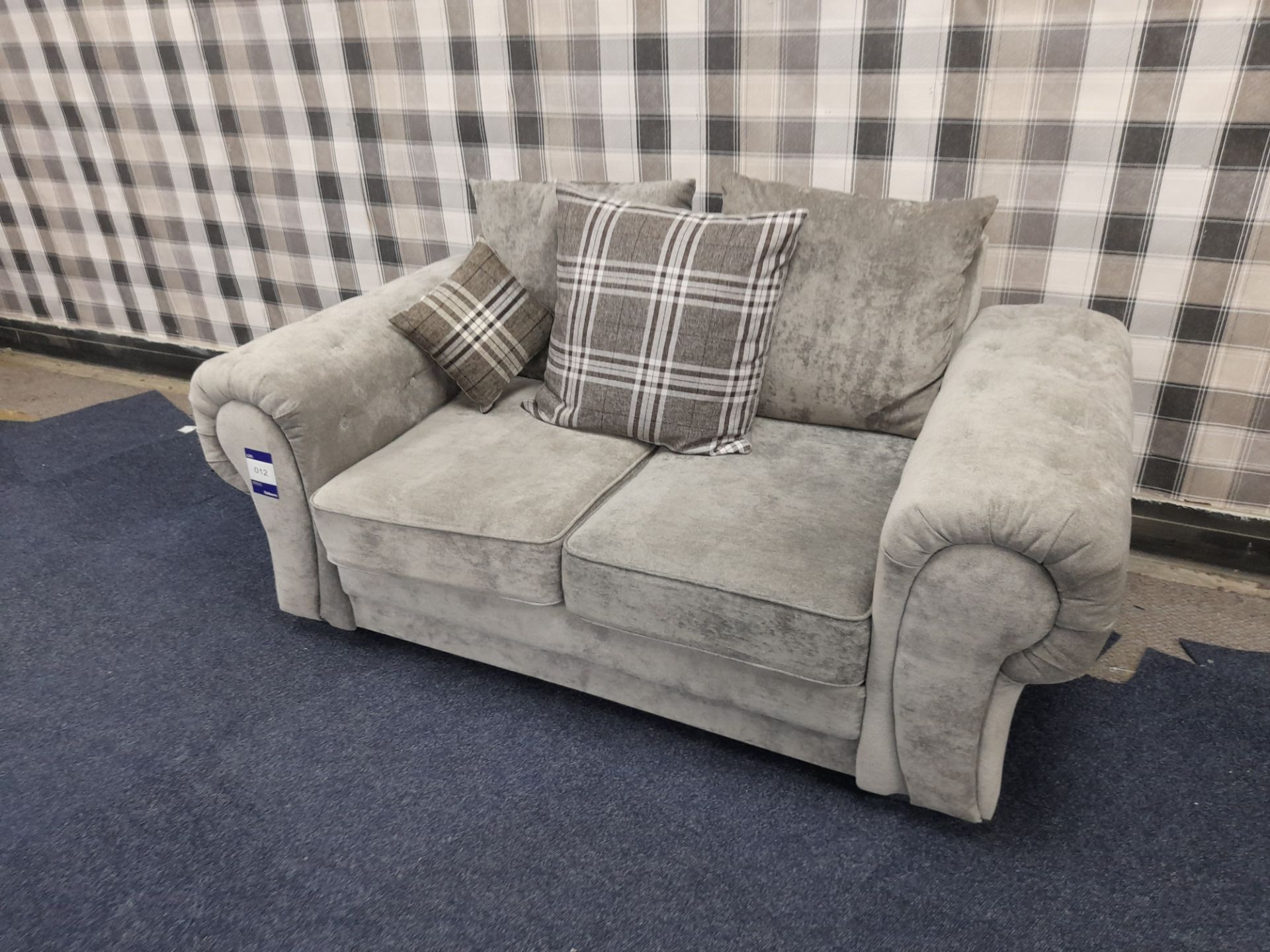 Grey fabric upholstered, 2 seater, scatter cushioned back sofa (Ex-Display) - Image 2 of 4