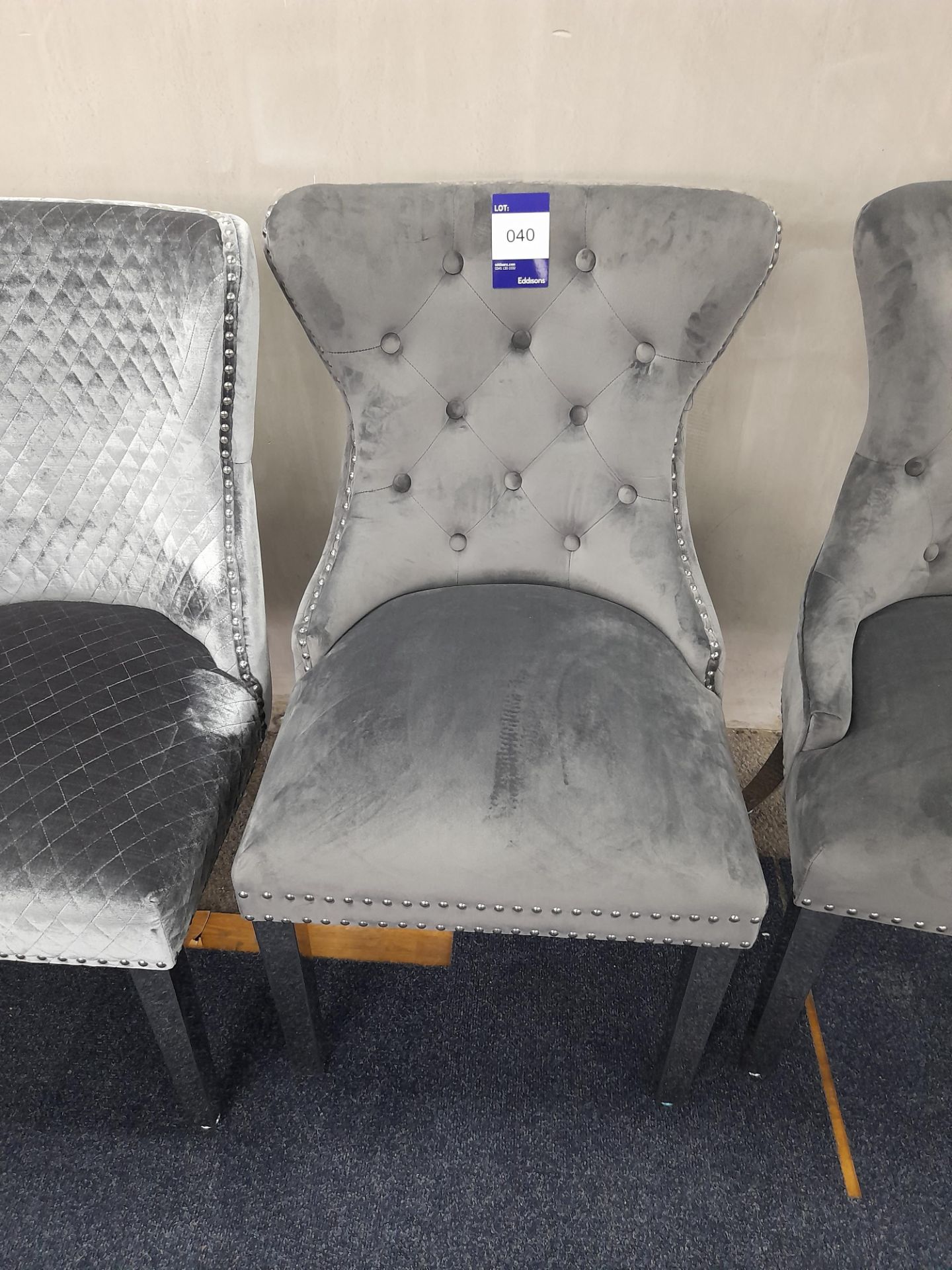 3 – Assorted grey fabric upholstered occasional chairs, with mirrored legs (Sample Stock – Unused) - Image 4 of 5