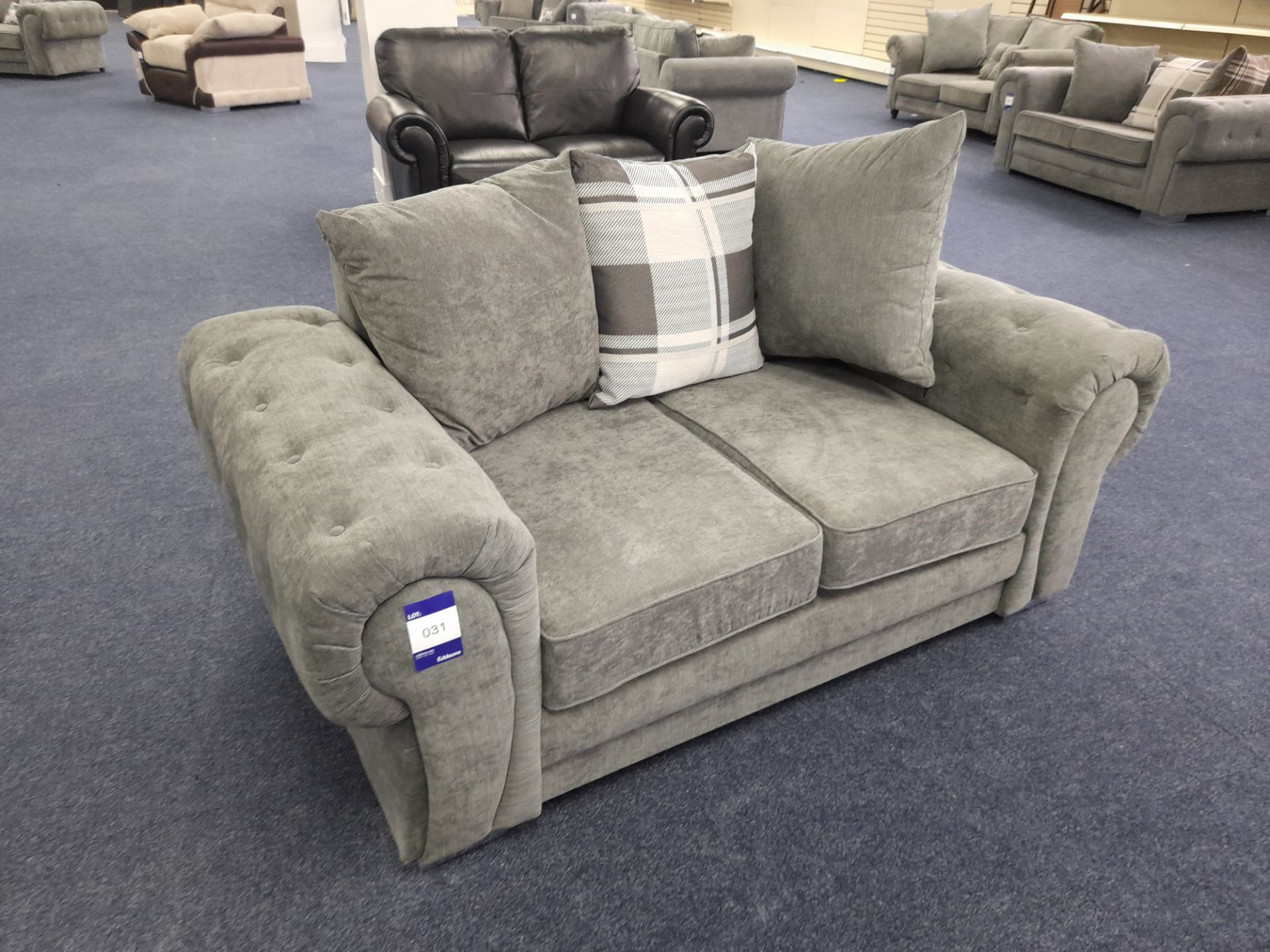 Grey fabric upholstered, 2 seater, scatter cushioned back sofa (Ex-Display)