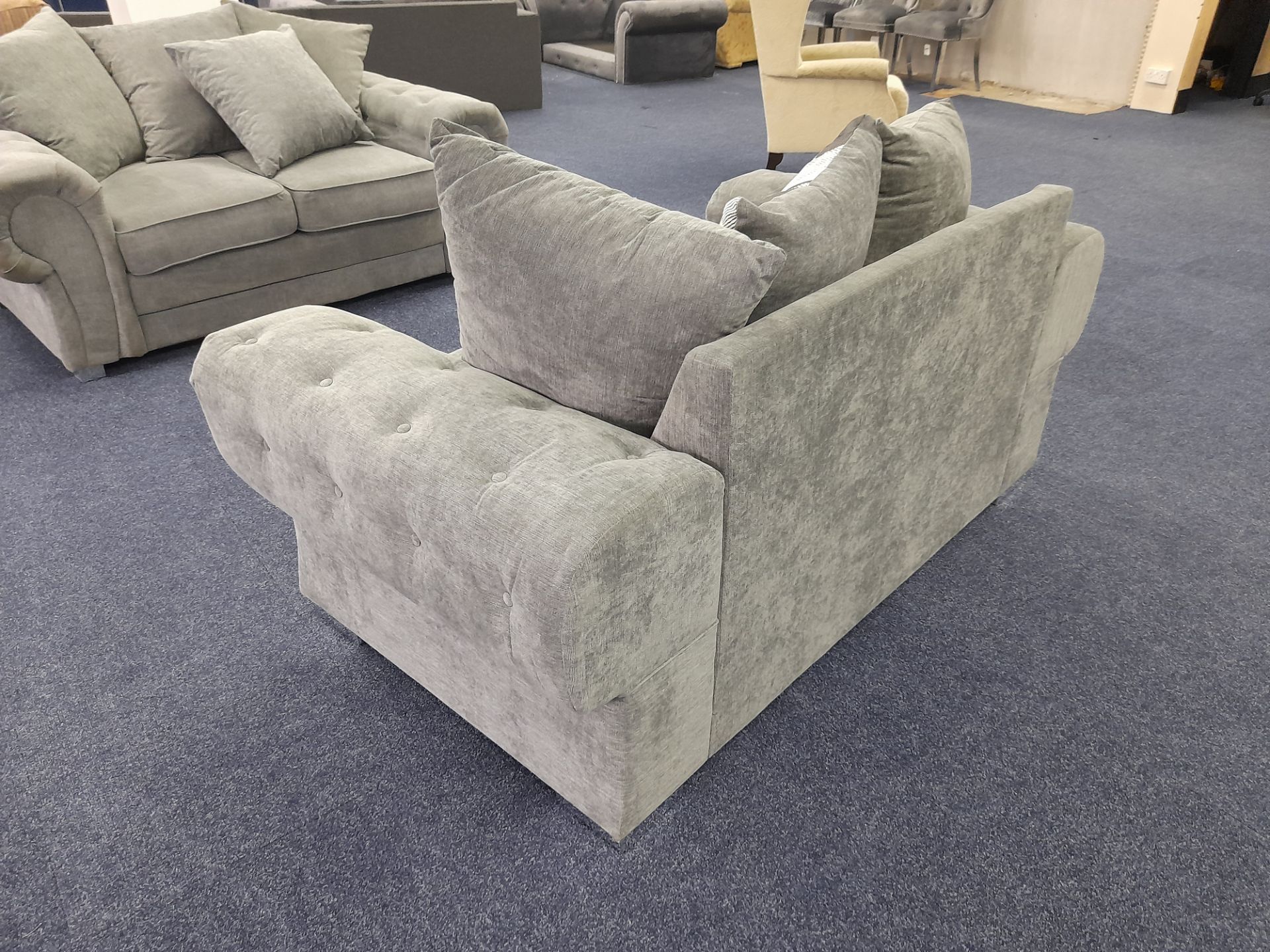 Grey fabric upholstered, 2 seater, scatter cushioned back sofa (Ex-Display) - Image 3 of 4