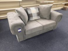 Grey fabric upholstered, 2 seater, scatter cushioned back sofa (Ex-Display)