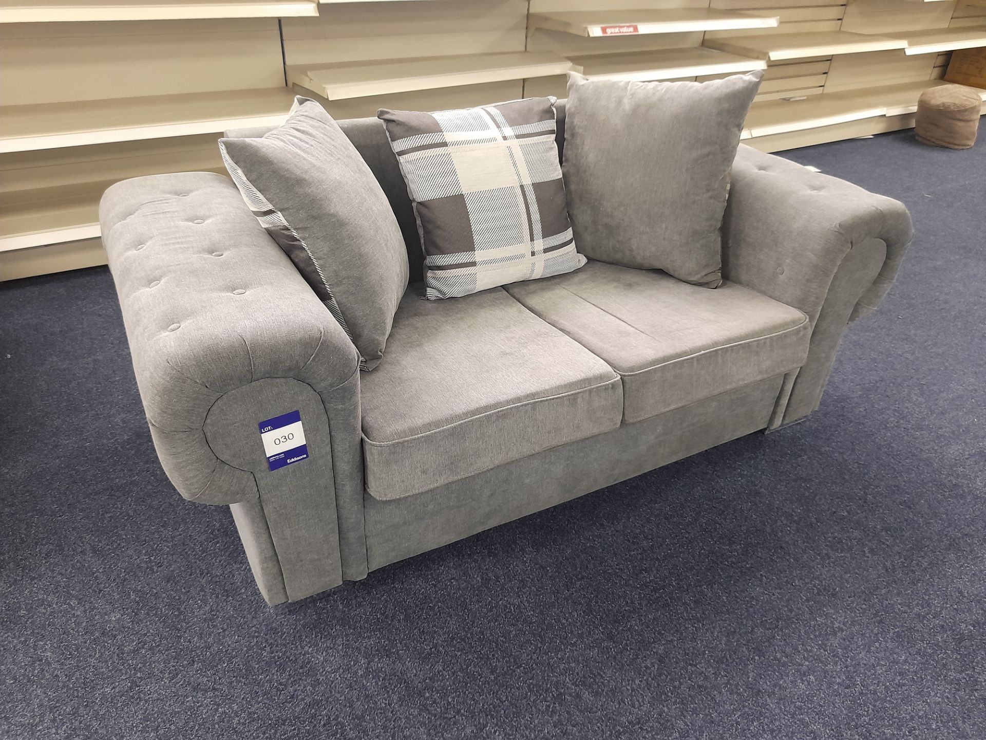 Grey fabric upholstered, 2 seater, scatter cushioned back sofa (Ex-Display)