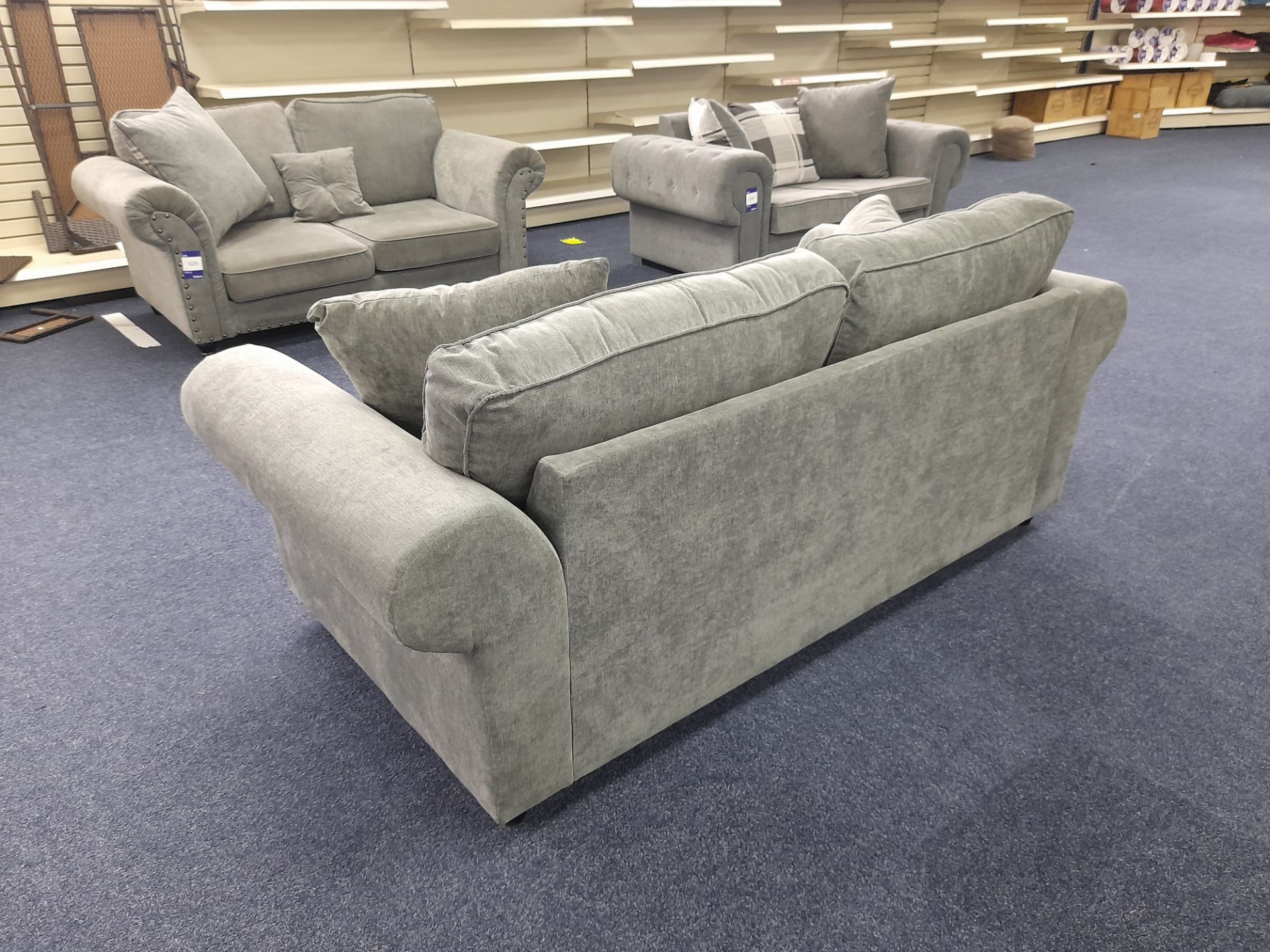 Grey fabric upholstered, 3 seater, standard cushioned back sofa (Ex-Display) - Image 5 of 5