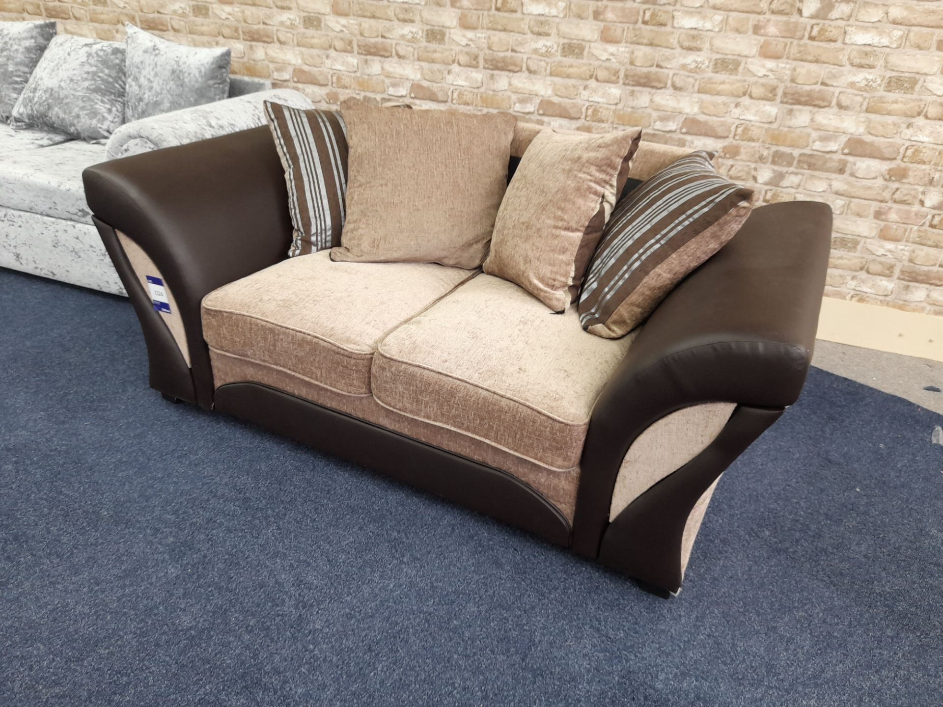 Brown Leather/light brown fabric upholstered, 2 seater, scatter cushioned back sofa (Ex-Display) - Image 2 of 5