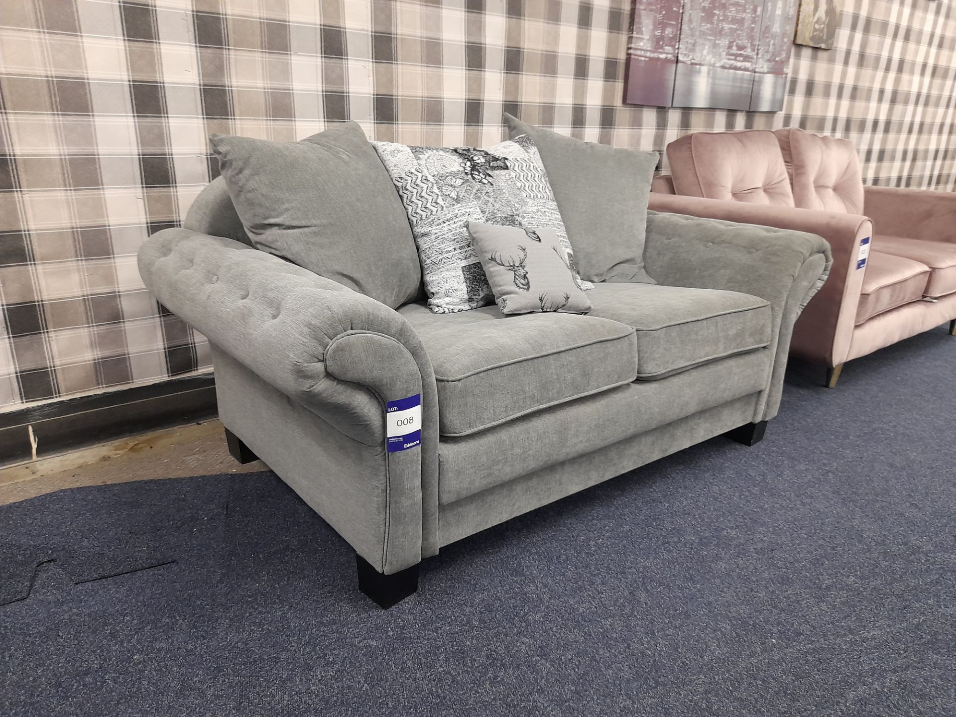 Grey fabric upholstered, 2 seater, scatter cushioned back sofa (Unused)