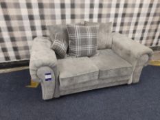 Grey fabric upholstered, 2 seater, scatter cushioned back sofa (Ex-Display)