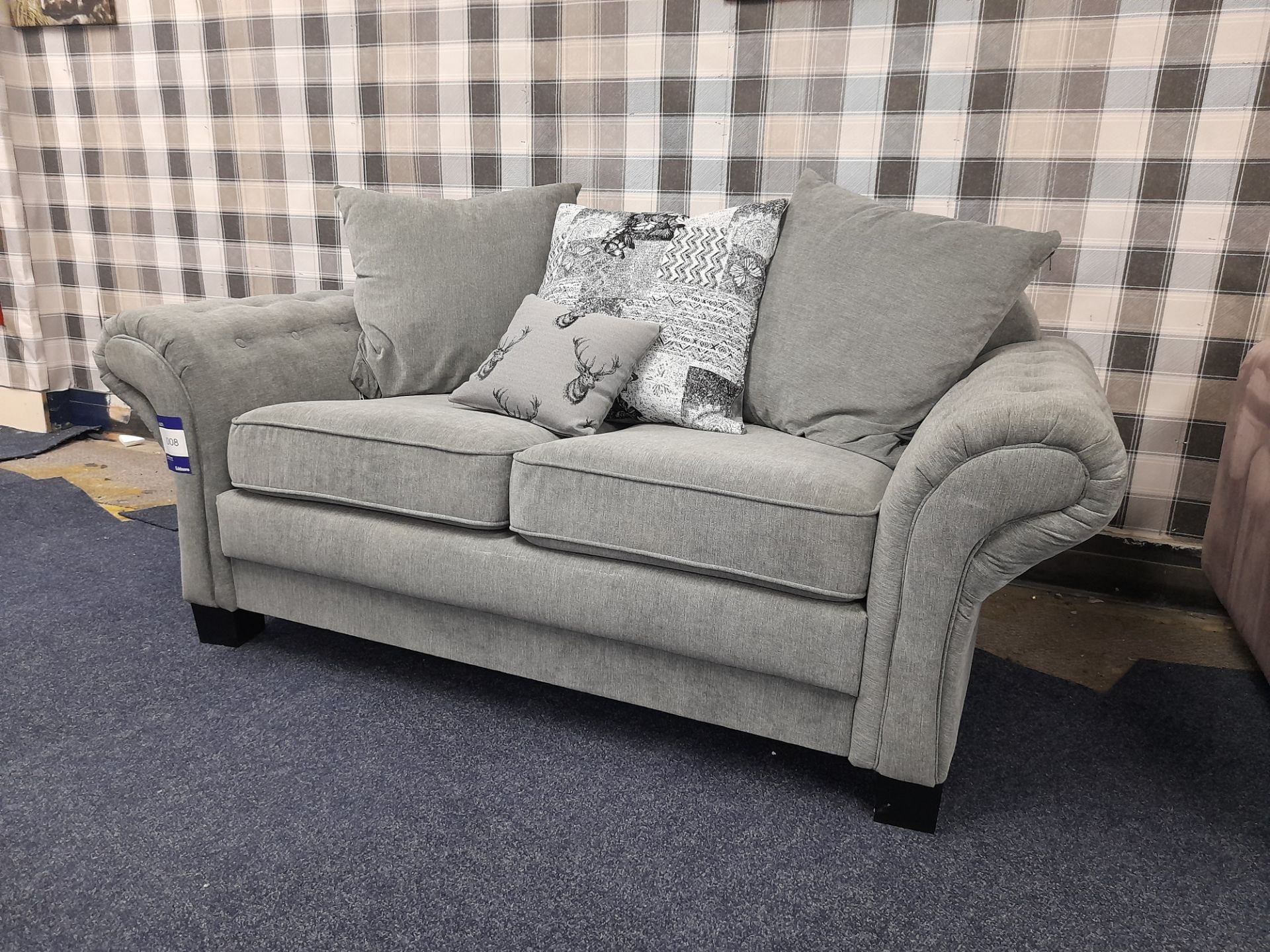 Grey fabric upholstered, 2 seater, scatter cushioned back sofa (Unused) - Image 3 of 5