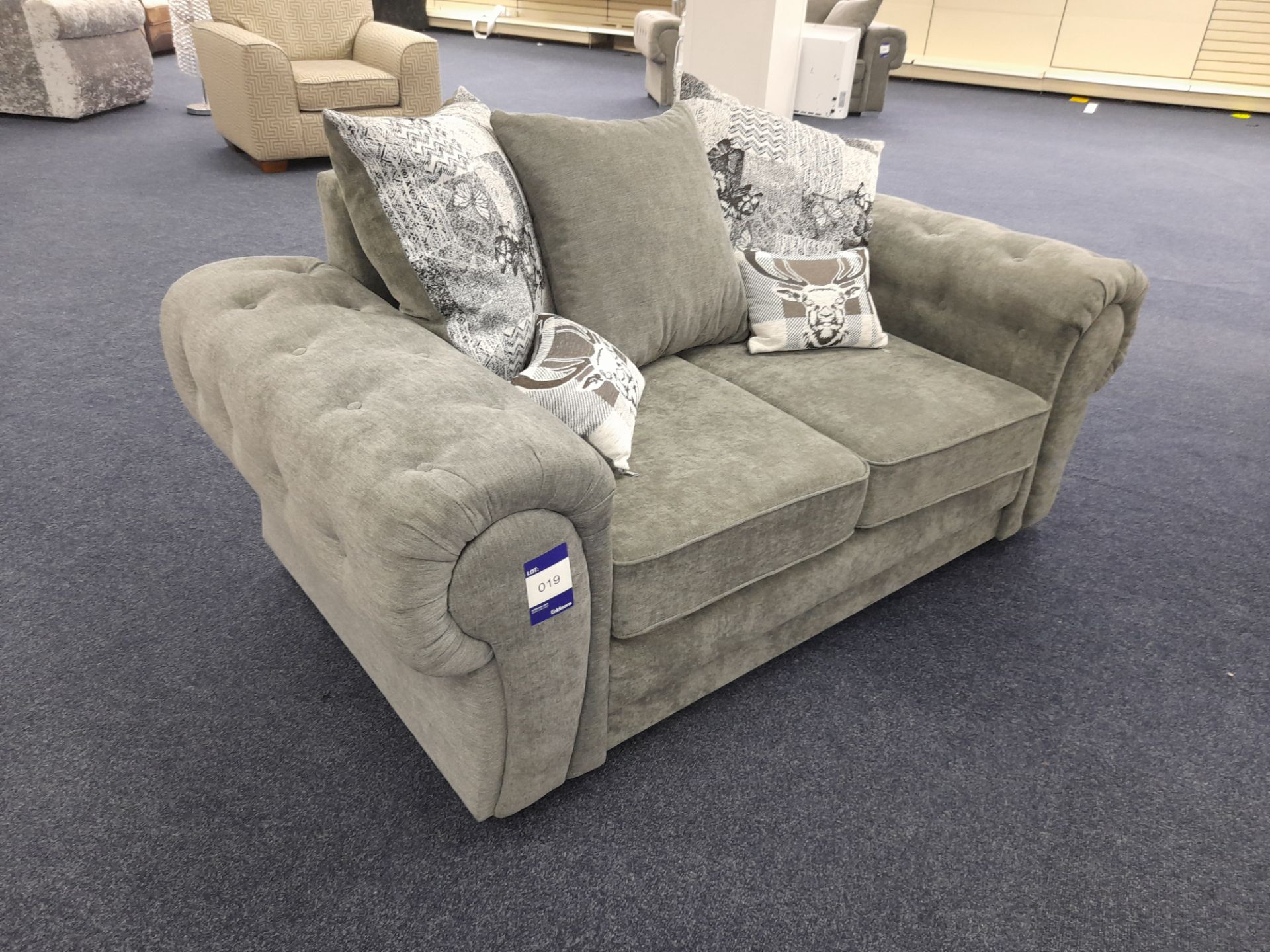 Grey fabric upholstered, 2 seater, scatter cushioned back sofa (Ex-Display) - Image 7 of 7