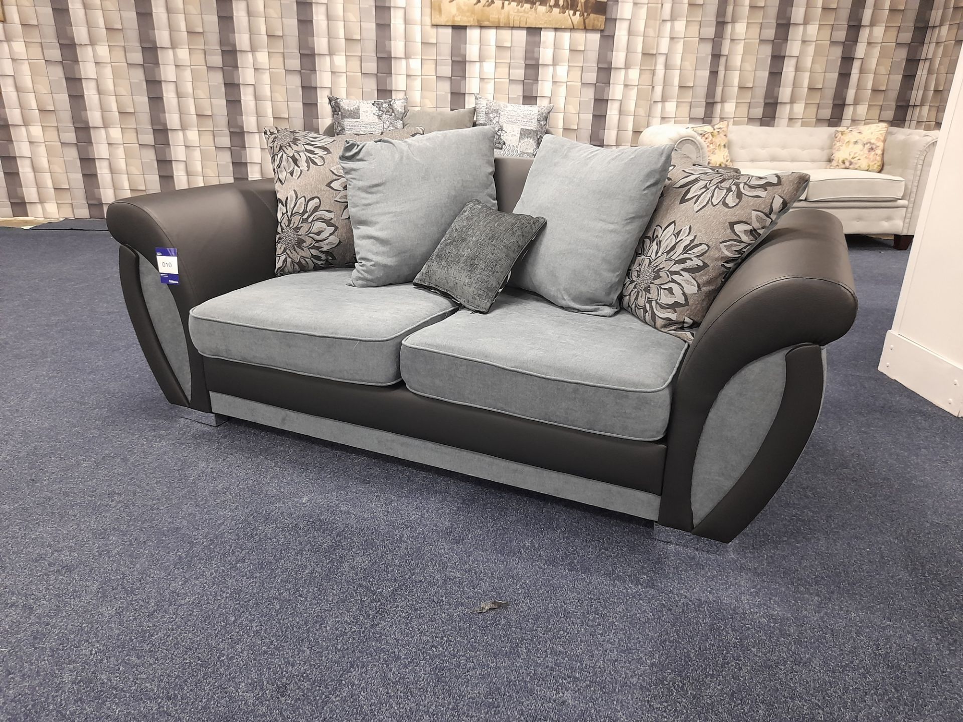 Black Leather/ blue-grey fabric upholstered, 3 seater, scatter cushioned back sofa (Ex-Display) - Image 3 of 7