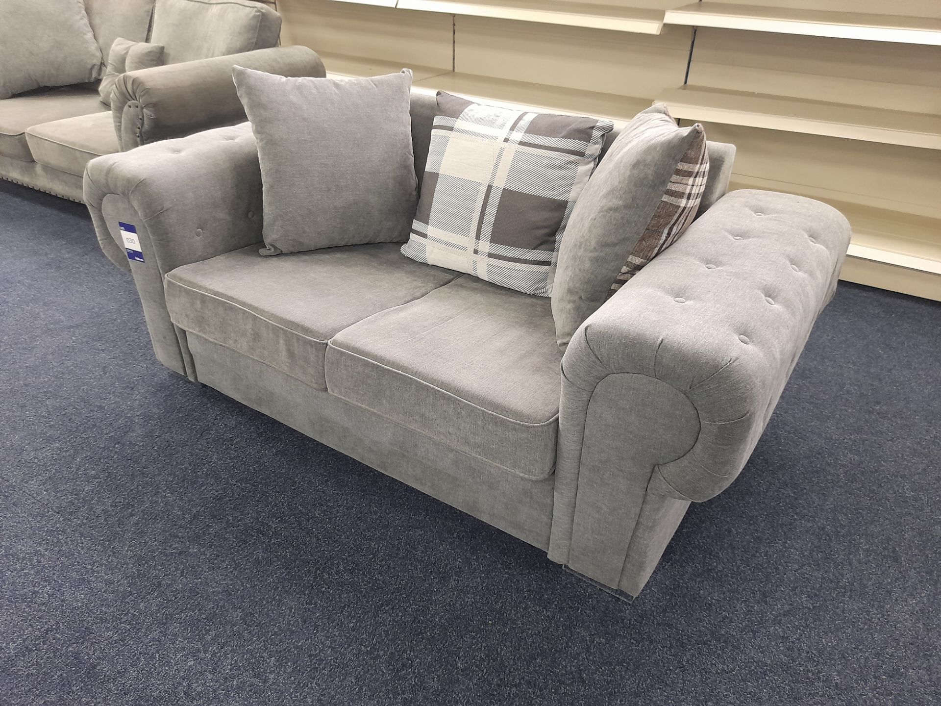 Grey fabric upholstered, 2 seater, scatter cushioned back sofa (Ex-Display) - Image 2 of 5