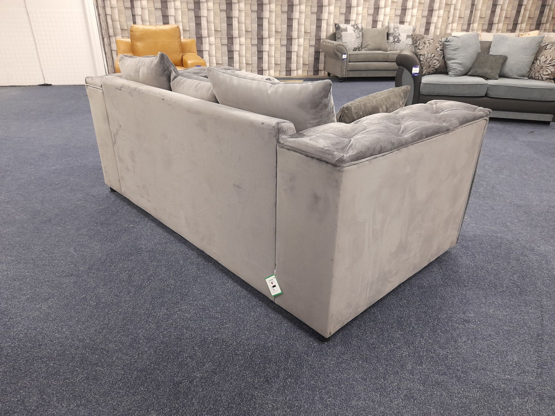 Grey fabric upholstered, 3 seater, scatter cushioned back sofa (Ex-Display) - Image 4 of 6