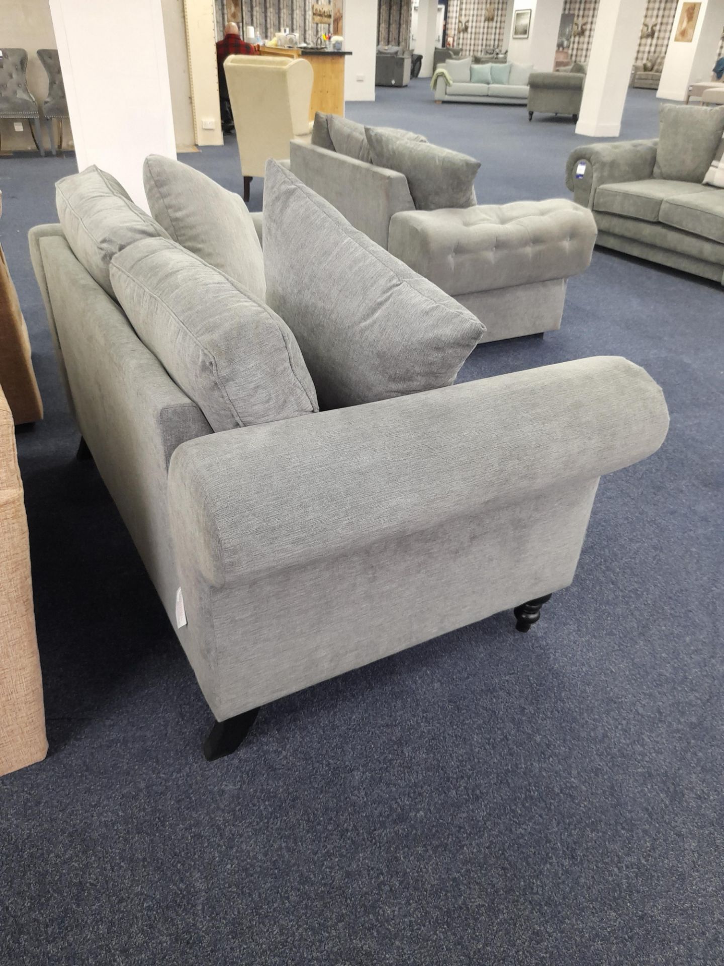 Grey fabric upholstered, 2 seater, standard cushioned back sofa (Return - Damage to arm) - Image 4 of 4