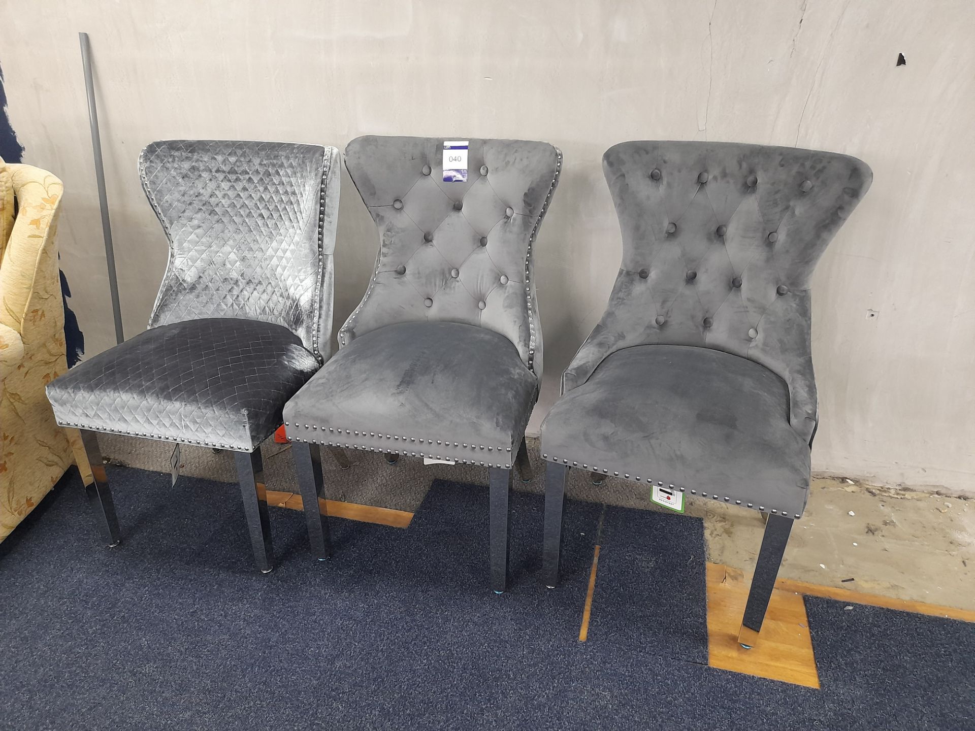 3 – Assorted grey fabric upholstered occasional chairs, with mirrored legs (Sample Stock – Unused) - Image 2 of 5