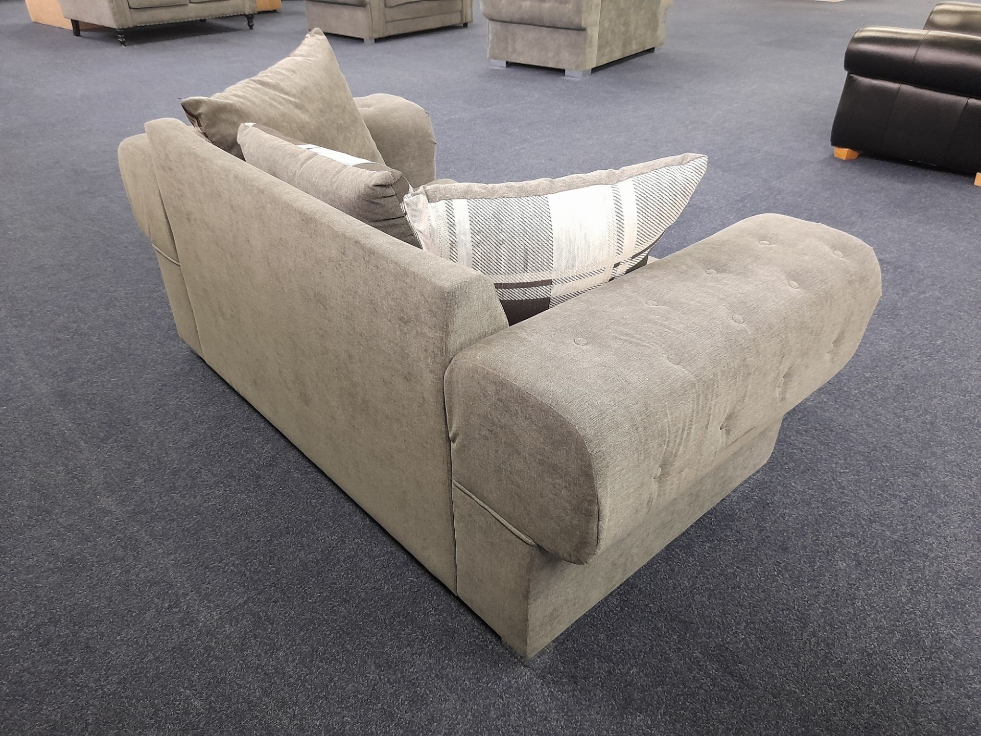 Grey fabric upholstered, 2 seater, scatter cushioned back sofa (Ex-Display) - Image 4 of 5