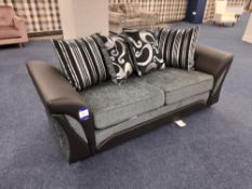 Black Leather/ silver-grey fabric upholstered, 3 seater, scatter cushioned back sofa (Ex-Display)