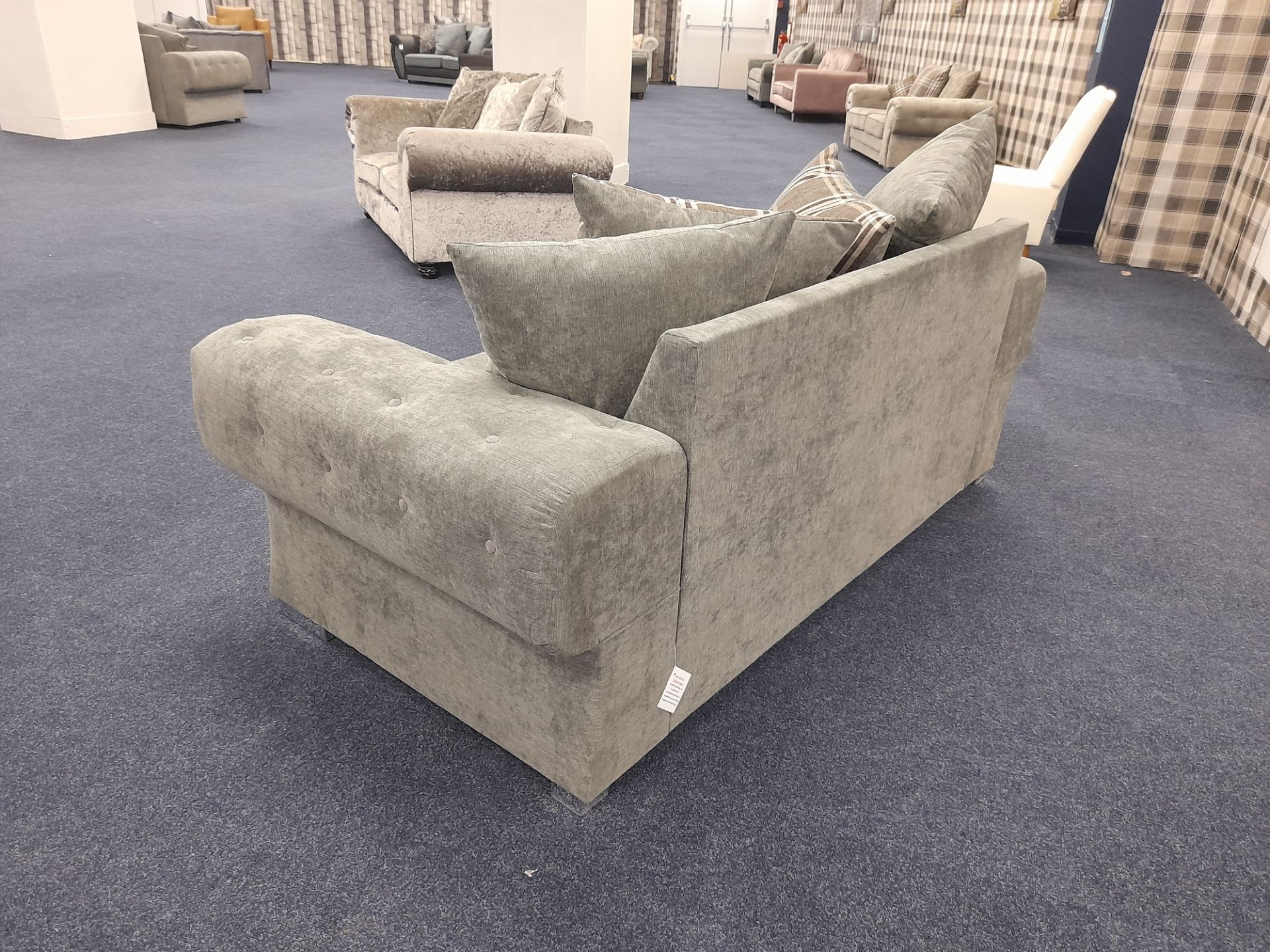 Grey/Blue fabric upholstered, 3 seater, scatter cushioned back sofa (Ex-Display) - Image 3 of 5