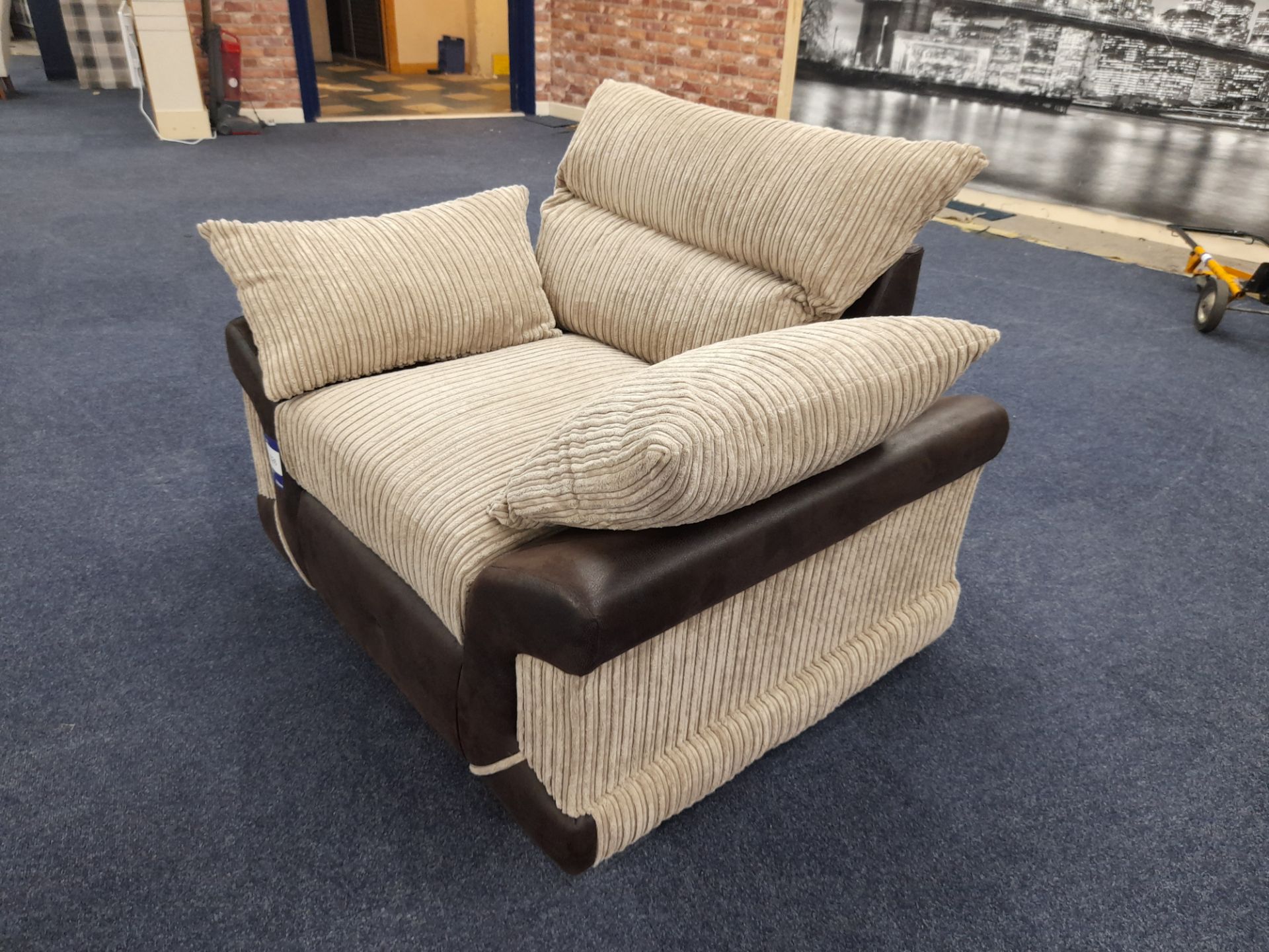 Brown Leather/light brown cord fabric upholstered, standard cushioned back armchair/cuddle chair ( - Image 3 of 5