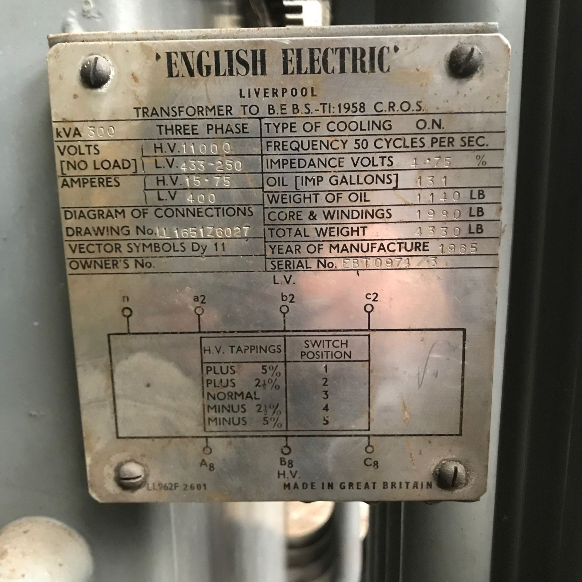 English Electric 300KVA Transformer - Image 3 of 3