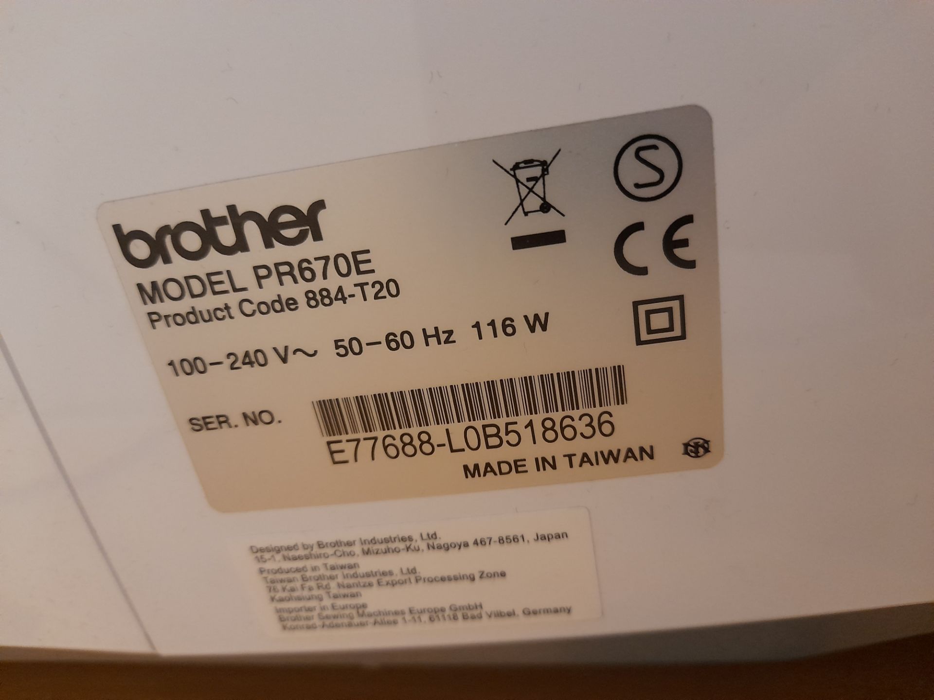 Brother Entrepreneur 6-Plus PR670E 6 thread single head embroidery machine, serial number E77688- - Image 4 of 4