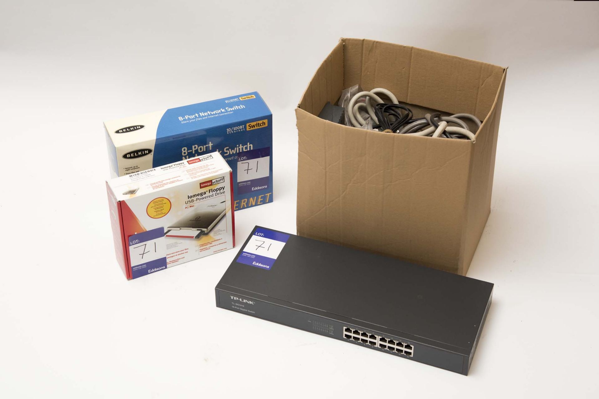 Iomega USB Floppy Disk Drive, Belkin 8 port ethernet hub, Lacie CD Burner SCSI, Box Computer Cables,