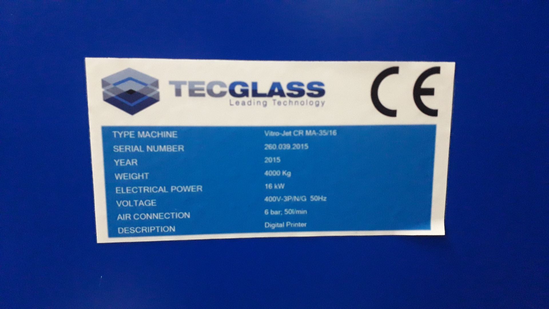 Tecglass Vitro-Jet CR MA-35/16 Ceramic Digital Glass Printing Machine, Serial Number 260.039. 2015 - Image 9 of 16