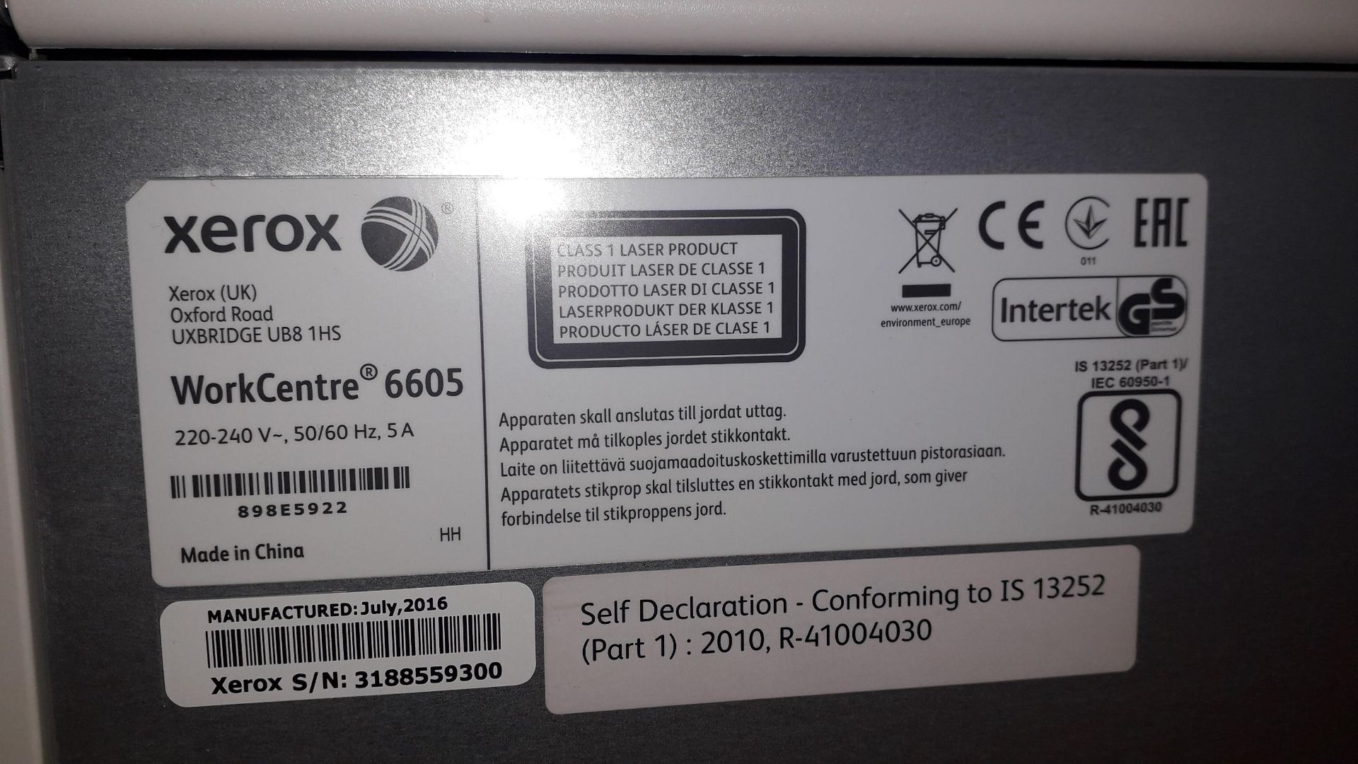Xerox Workcentre 6605 Multifunction Printer (Jul 2016) serial number 3188559300 (Located on 1st - Image 2 of 2