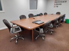 10-person boardroom table, approx. 1400mm x 5500mm, with 10 x brown leather swivel armchairs and 1 x