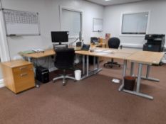Two-person workstation to include 2 x curved desks, 3 x tables, 2 x pedestal drawer units, 2 x