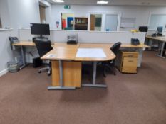 Two-person workstation to include 2 x curved desks each with extension table, 2 x pedestal drawer