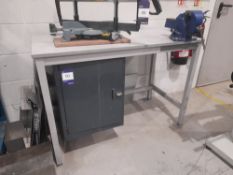 Laboratory bench, approx. 1200mm x 600mm, with fitted cupboard & Irwin engineers vice