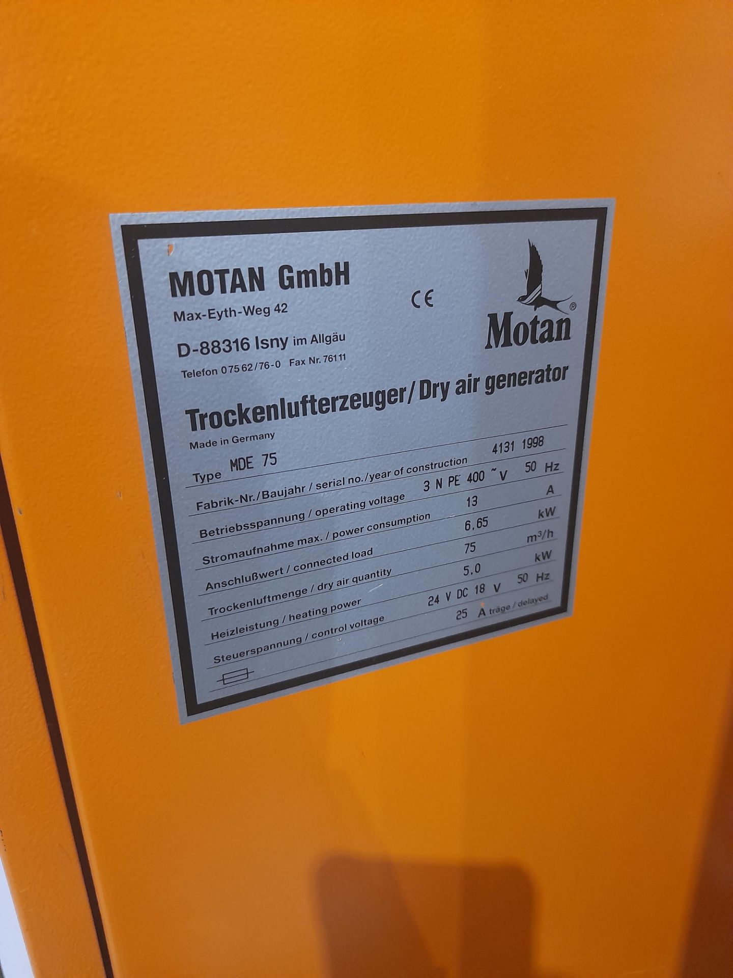 Motan MDE75 dry air generator, s/n 4131, year 1998, with hopper & hose (Purchaser is responsible for - Image 6 of 6