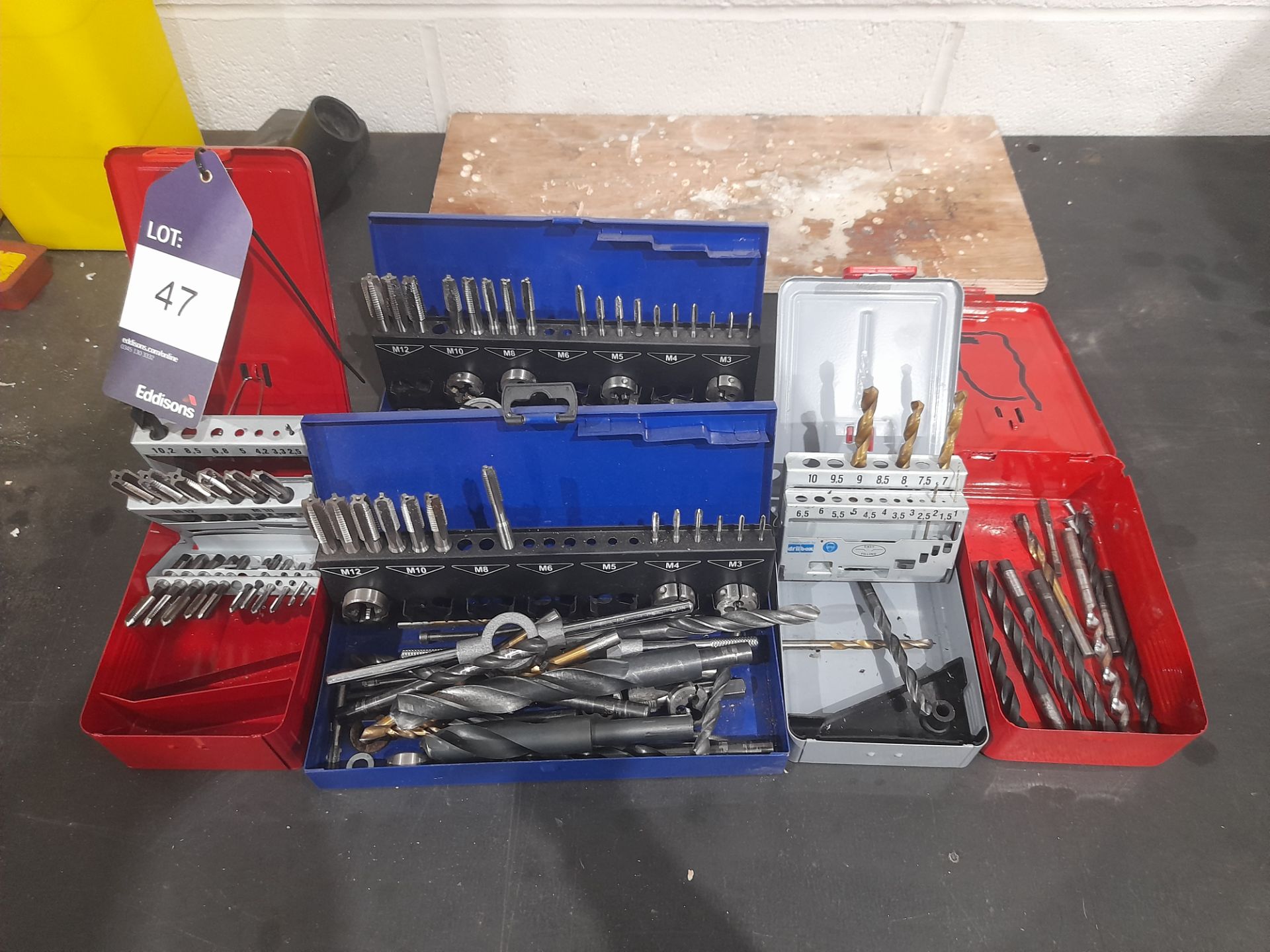 Quantity of various drills, taps & dies, to 5 boxes