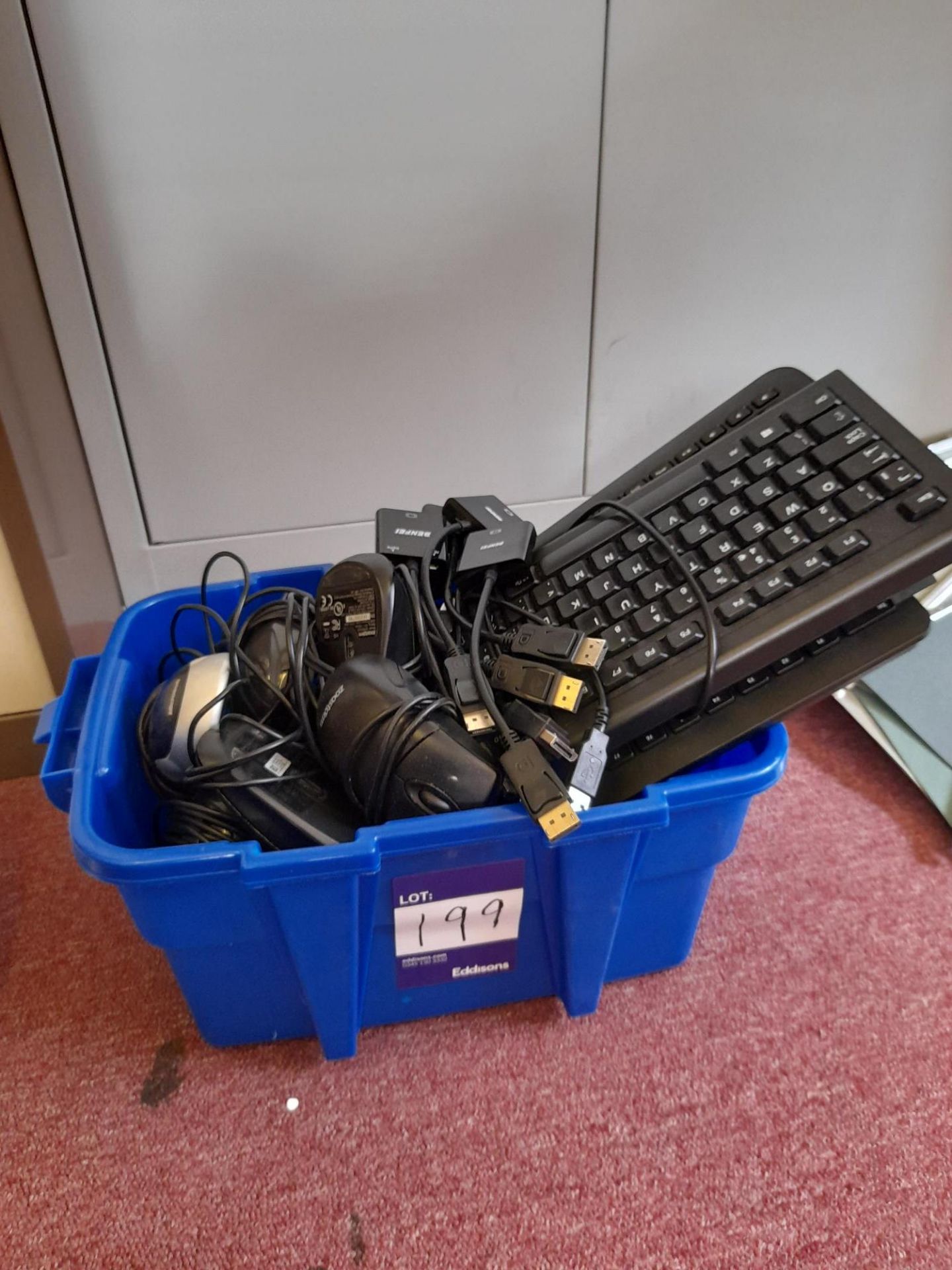 Box containing various wireless and wired keyboards & mice and approx. 6 Benfri adaptors